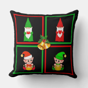 Christmas gnomes & elves on black, green & red cushion
