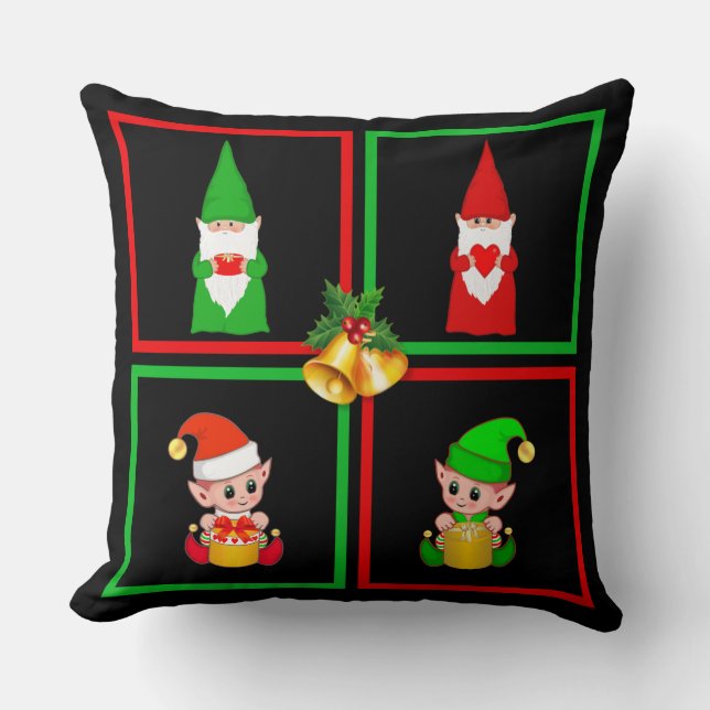 Christmas  gnomes & elves on black, green & red cushion (Front)