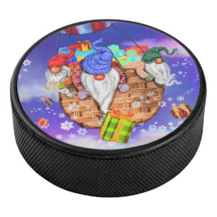 Christmas Gnomes Flying A Balloon and Gives Gifts  Hockey Puck
