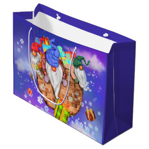 Christmas Gnomes Flying A Balloon and Gives Gifts Large Gift Bag