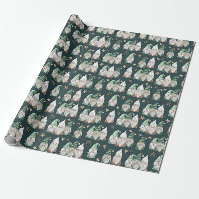 Christmas Gnomes Green Gold Trendy Scandinavian Wrapping Paper (Unrolled)