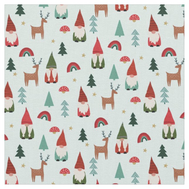 Christmas Gnomes holiday light mint Fabric (Close Up)