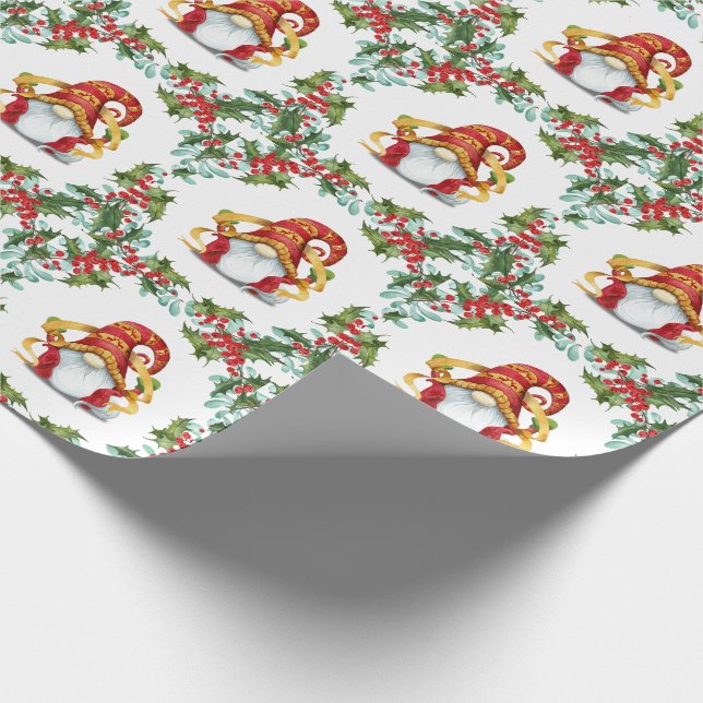 Christmas Gnomes Holly Wreath Watercolor Holiday Wrapping Paper (Corner)