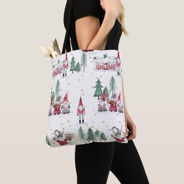 Christmas Gnomes in Forest Snowflakes Watercolor Tote Bag (Close Up)