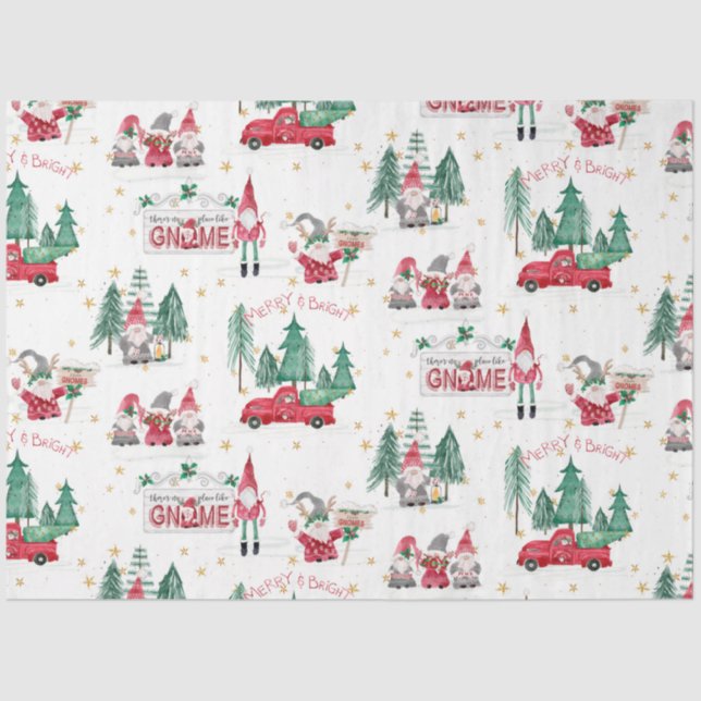 Christmas Gnomes Merry Bright Red Truck Decoupage Tissue Paper (Front)