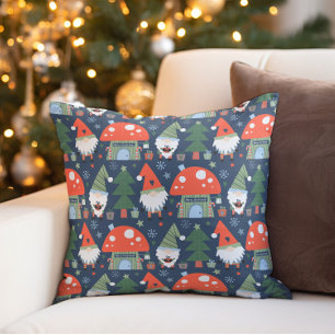 Christmas Gnomes Mushroom Houses Holiday Cushion