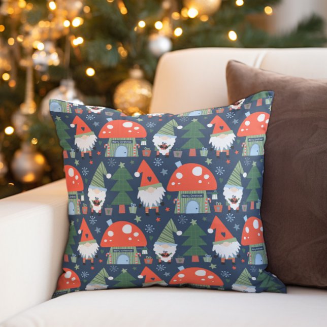 Christmas Gnomes Mushroom Houses Holiday Cushion (Christmas gnomes pillow)