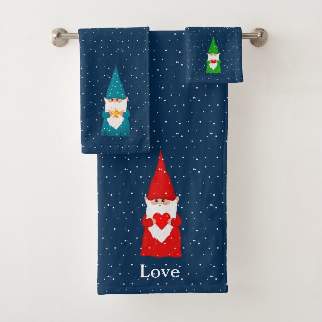 Christmas Gnomes on Blue Bath Towel Set (Insitu)
