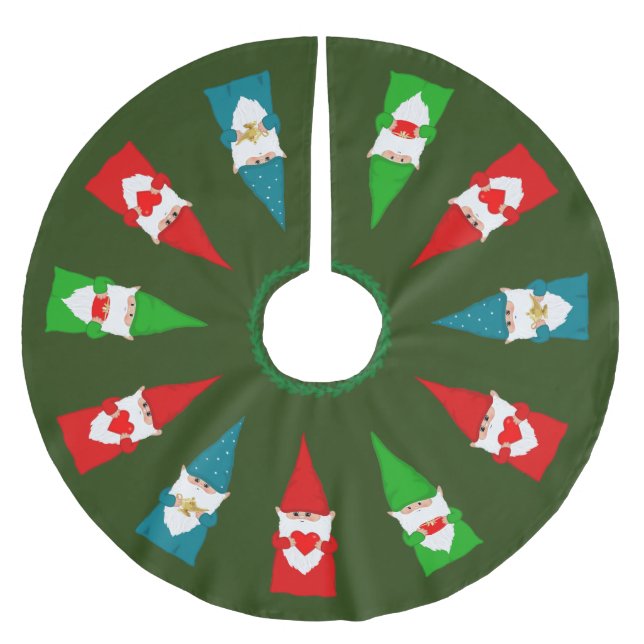 Christmas Gnomes on Forest Green Brushed Polyester Tree Skirt (Front)