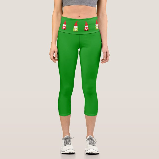 Christmas gnomes on green capri leggings (Front)