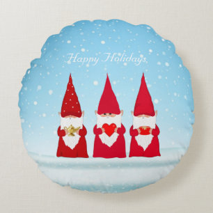 Christmas Gnomes on Light Blue Round Cushion