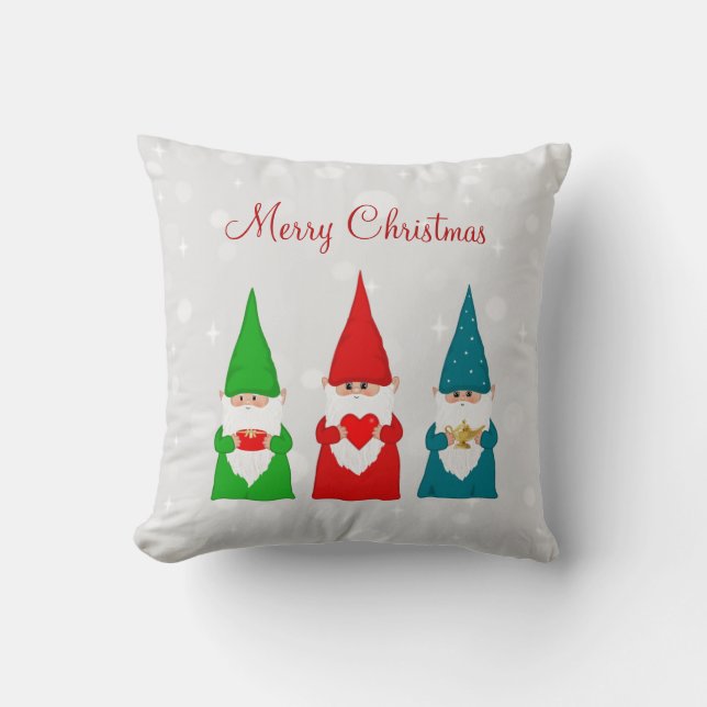 Christmas gnomes on light silver grey cushion (Front)