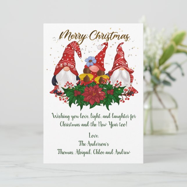 Christmas Gnomes Poinsettia Trendy Christmas Card (Standing Front)
