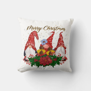 Christmas Gnomes Poinsettia Whimsical Woodland Cushion