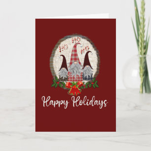 Christmas Gnomes Red Happy Holidays Rustic, Plaid Card