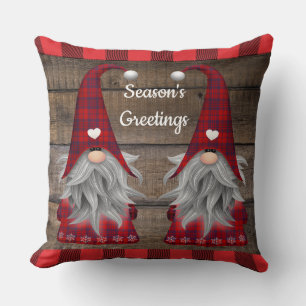 Christmas Gnomes Season's Greetings Red Plaid Cushion