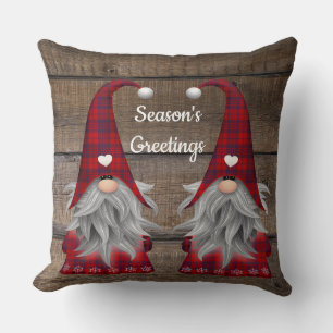 Christmas Gnomes Season's Greetings Rustic Wood Cushion