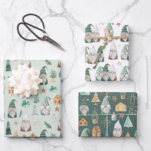 Christmas Gnomes White Green Gold Trendy Whimsical Wrapping Paper Sheet