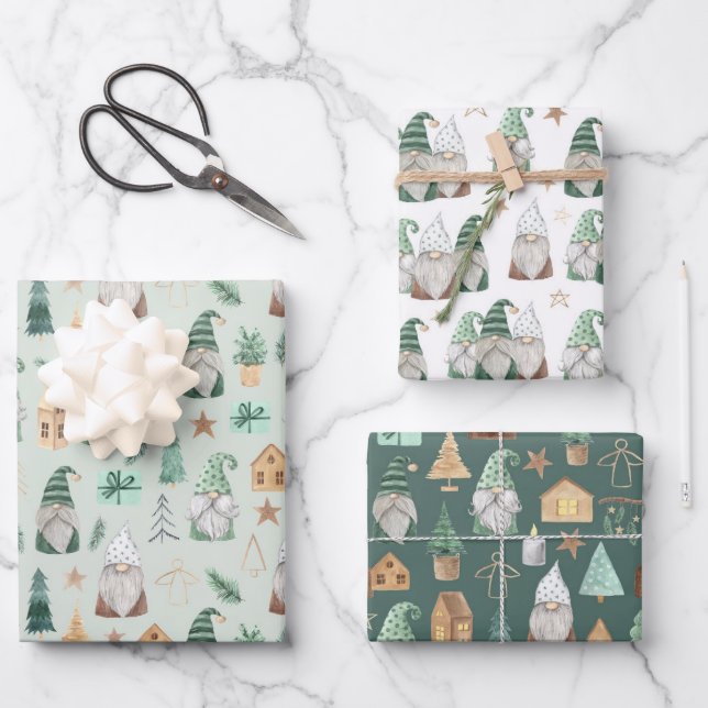 Christmas Gnomes White Green Gold Trendy Whimsical Wrapping Paper Sheet (Front)