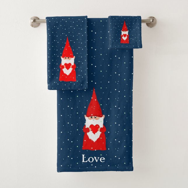 Christmas Gnomes with Heart on Blue Bath Towel Set (Insitu)