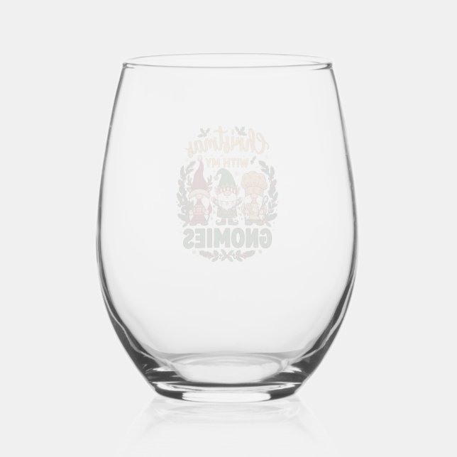Christmas Gnomies String Lights Candy Cane Stemless Wine Glass (Front)