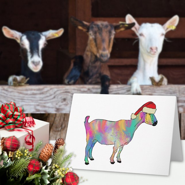 Christmas Goat Colourful Card (Christmas goat colorful farm animal art holiday card cute goat wearing a Santa hat watercolor)
