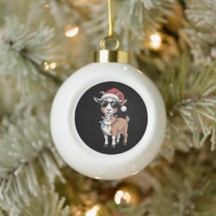 Christmas Goat Santa Hat Sunglasses Lights Farm Ceramic Ball Christmas Ornament