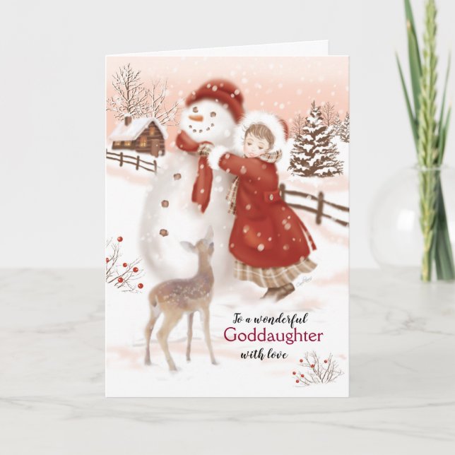 Christmas, Goddaughter, Deer, Girl and Snowman Holiday Card (Front)