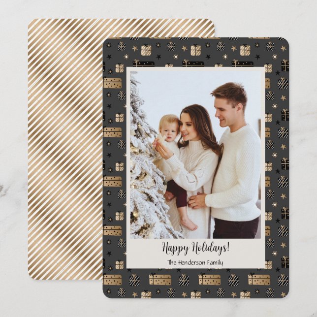 Christmas Gold and Black Family Photo  Holiday Card (Front/Back)