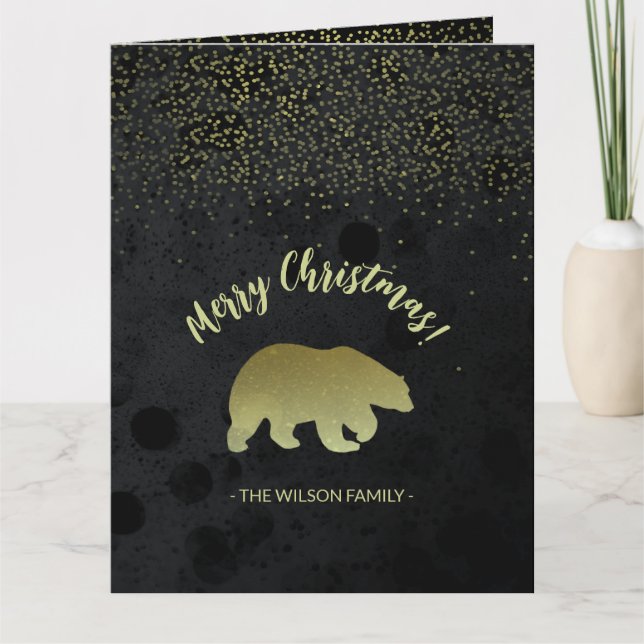 Christmas Gold And Black Night Sky And Golden Bear Card (Front)