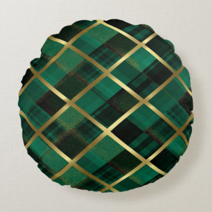 Christmas Gold And Green Plaid Pattern Round Cushion
