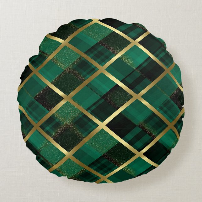 Christmas Gold And Green Plaid Pattern  Round Cushion (Front)
