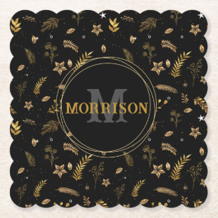 Christmas Gold Arch elegant modern monogram Black Paper Coaster