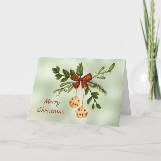 Christmas Gold Baubles Green Watercolor Holiday Card (Front)