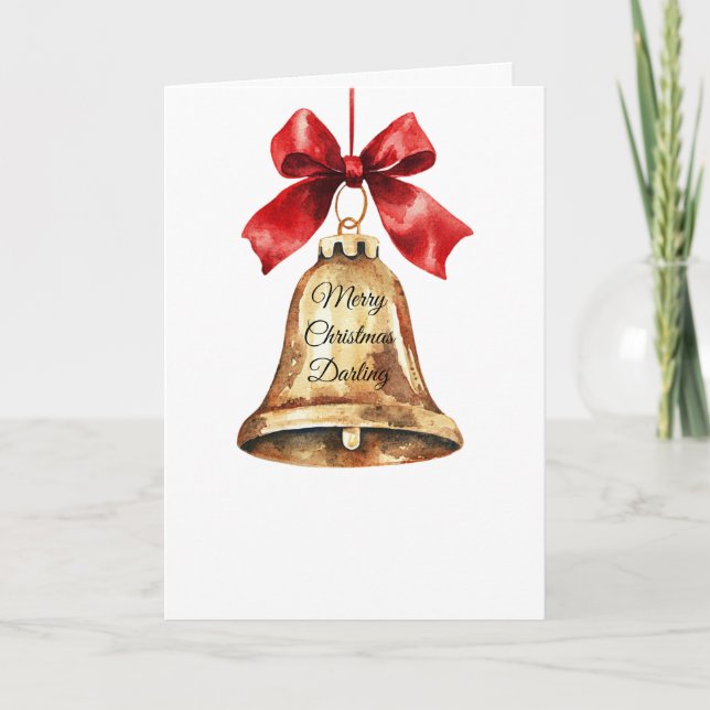 Christmas Gold Bell Red Bow Card (Front)