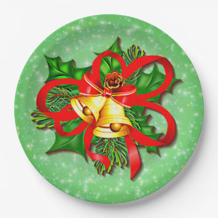 Christmas Gold Bells Green Holly Red Ribbon  9"  Paper Plate