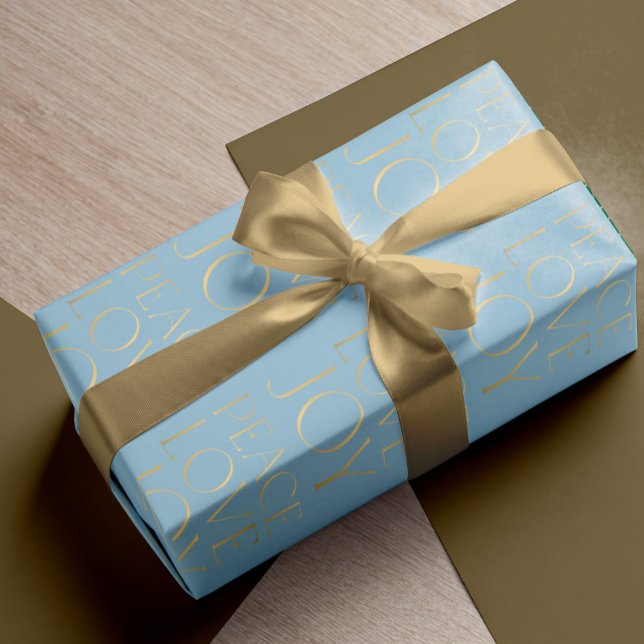 Christmas gold blue typography Peace Love Joy Wrapping Paper (Creator Uploaded)
