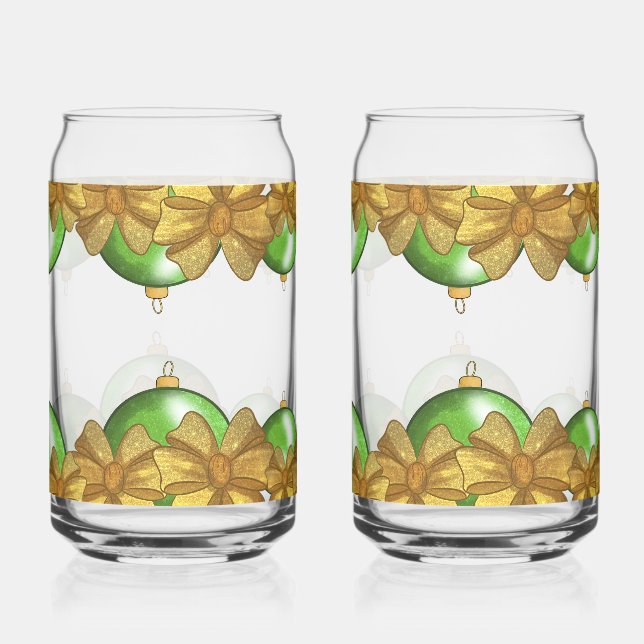 Christmas Gold Bows & Green Ornament | Festive Can Glass (Front)