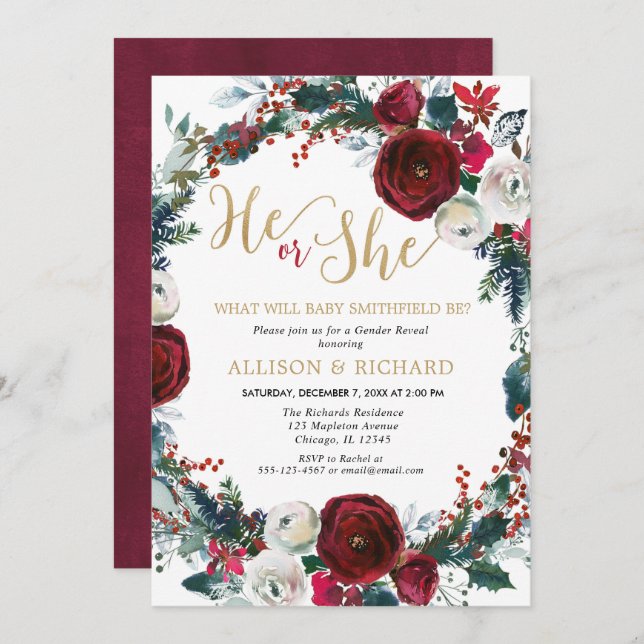 Christmas gold burgundy greenery gender reveal invitation (Front/Back)