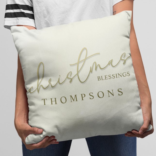 Christmas Gold Calligraphy Script Modern Blessings Cushion (Stylish gold calligraphy script Christmas blessing throw pillow. )