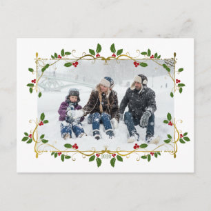 Christmas Gold Foil Holly Border Single Photo Postcard