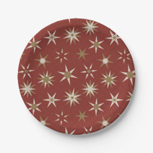 Christmas Gold Geo Stars - on red pattern. Paper Plate