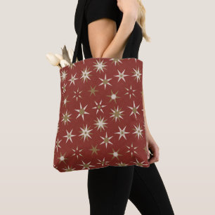 Christmas Gold Geo Stars - on red pattern. Tote Bag