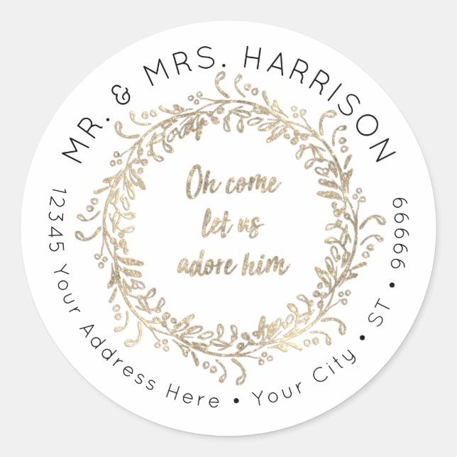 Christmas Gold Glitter Script Leaf Foliage Wreath Classic Round Sticker (Front)