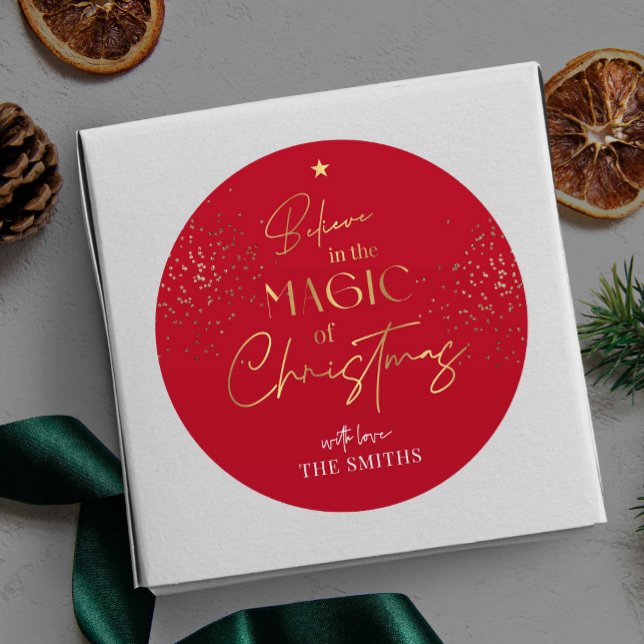 Christmas Gold Glitter Script Name Red Modern Classic Round Sticker (Elegant and chic red and gold glitter Christmas gift sticker that is sure to impress)