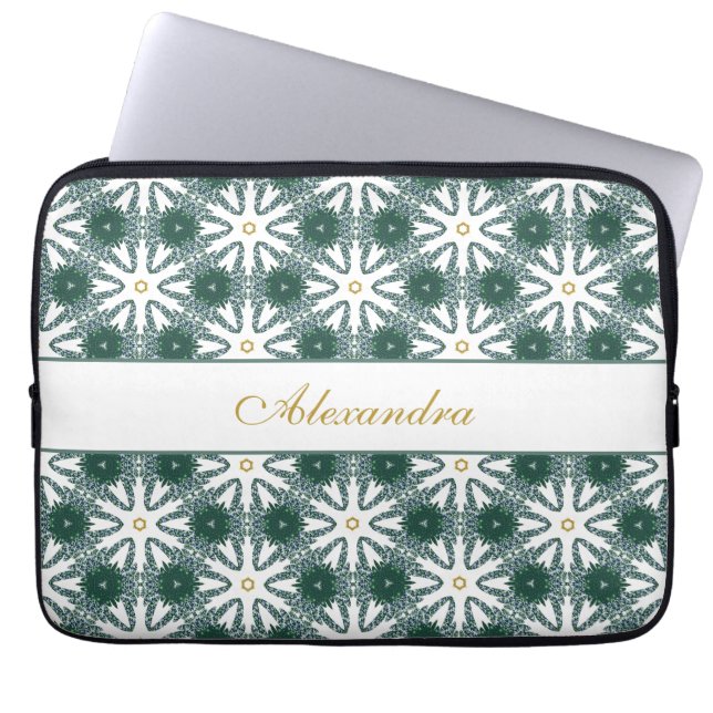 Christmas Gold Green Pattern Personalised Laptop Sleeve (Front)
