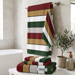 Christmas Gold Green Red Silver And White Stripes Bath Towel Set