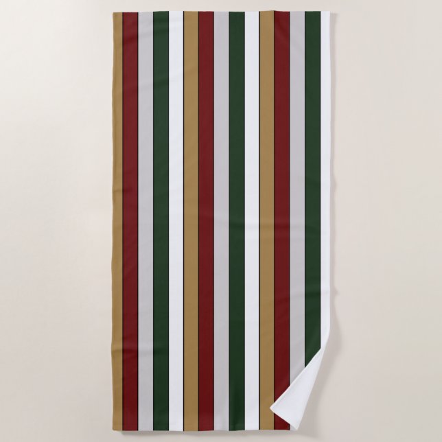 Christmas Gold Green Red Silver And White Stripes  Beach Towel (Front)