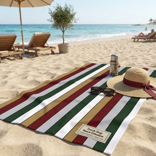 Christmas Gold Green Red Silver And White Stripes Beach Towel