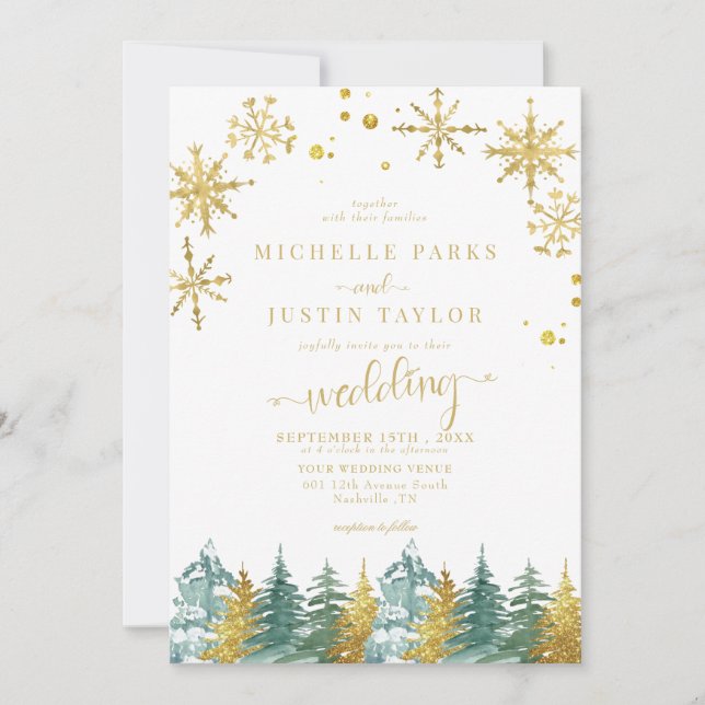 Christmas Gold Green Woodland Pine Trees Wedding I Invitation (Front)